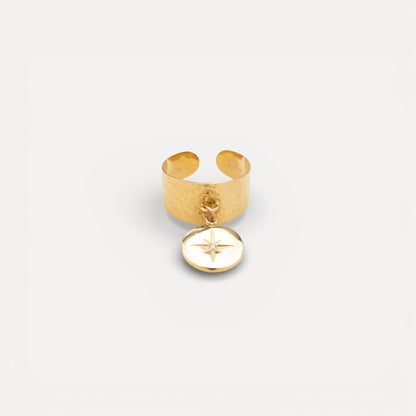 Bague ajustable graphique martelée étoilée en acier doré