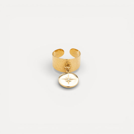 Bague ajustable graphique martelée étoilée en acier doré