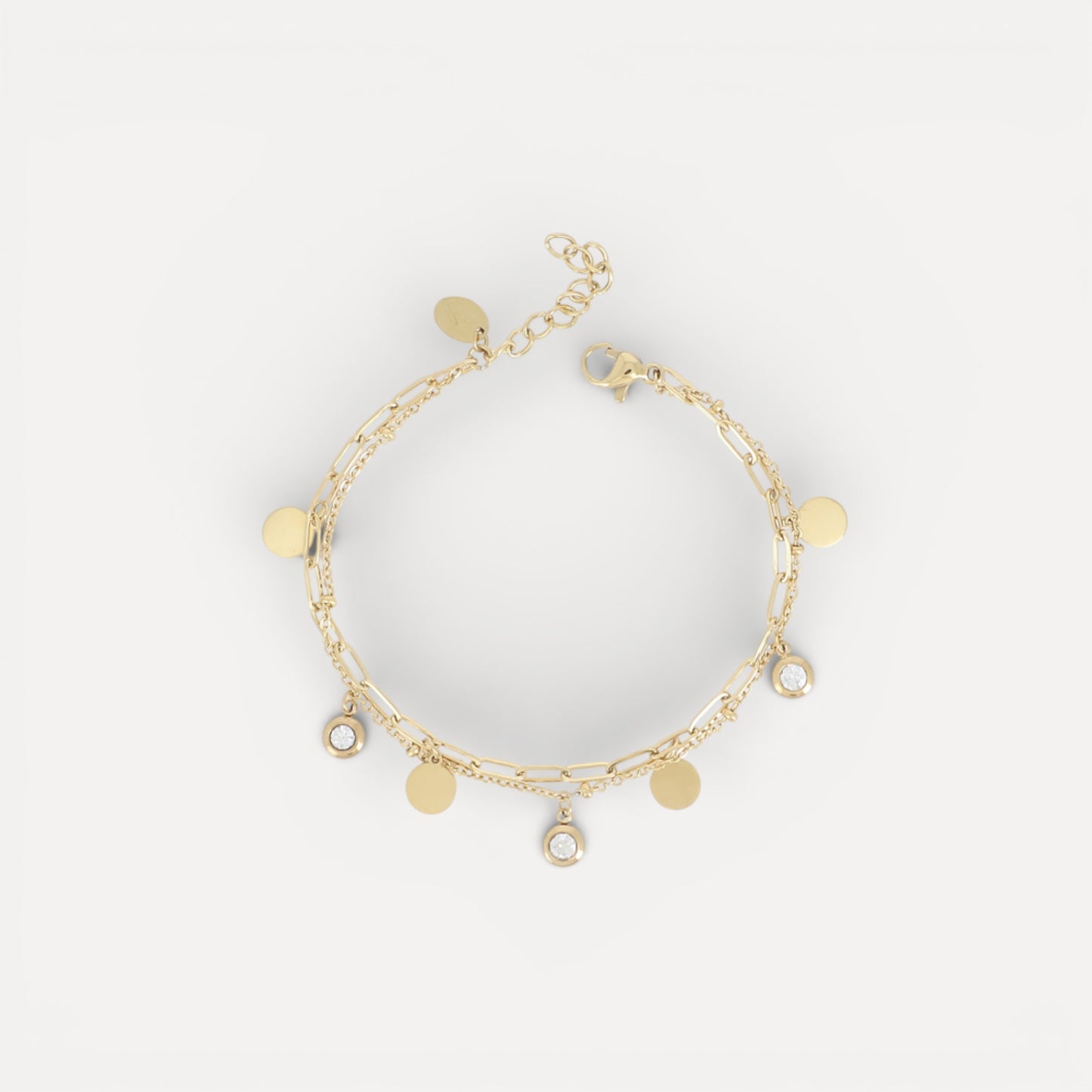 Bracelet 2 rangs cristaux et pampilles en acier doré