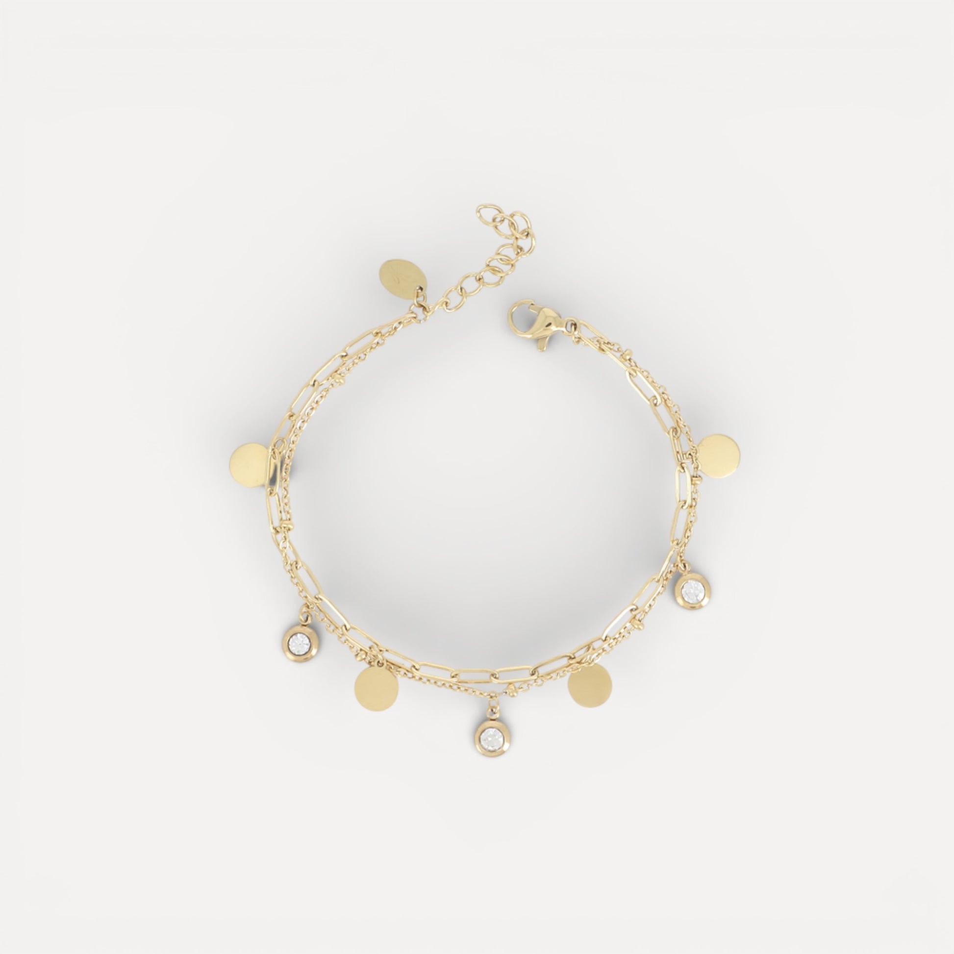 Bracelet 2 rangs cristaux et pampilles en acier doré
