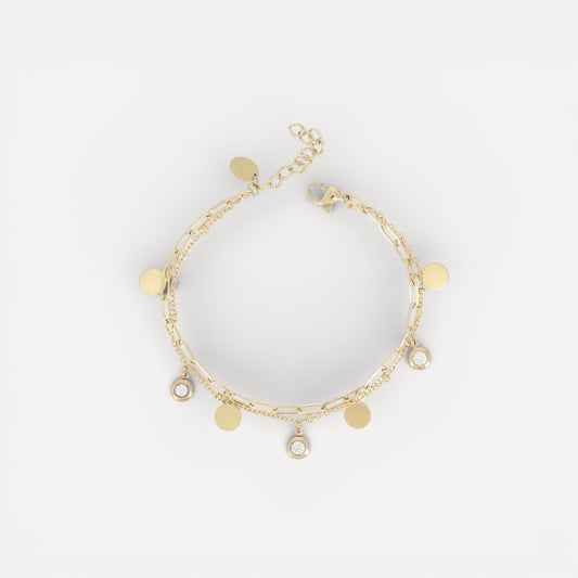Bracelet 2 rangs cristaux et pampilles en acier doré