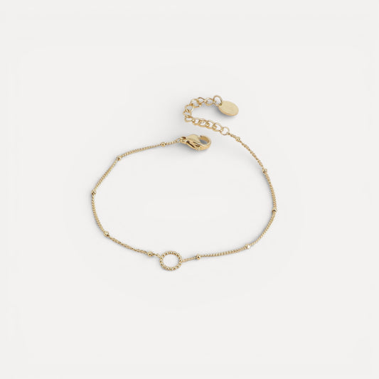 Bracelet chaîne boules et cercle milgrain en acier doré