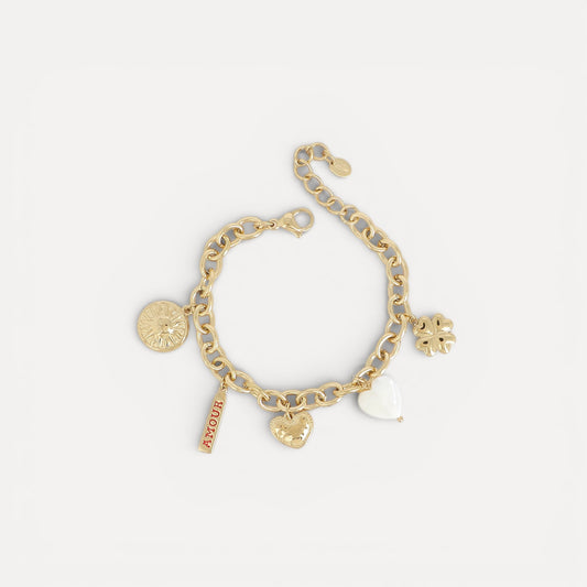 Bracelet soleil avec plaquette AMOUR, cœurs et trèfle en acier doré