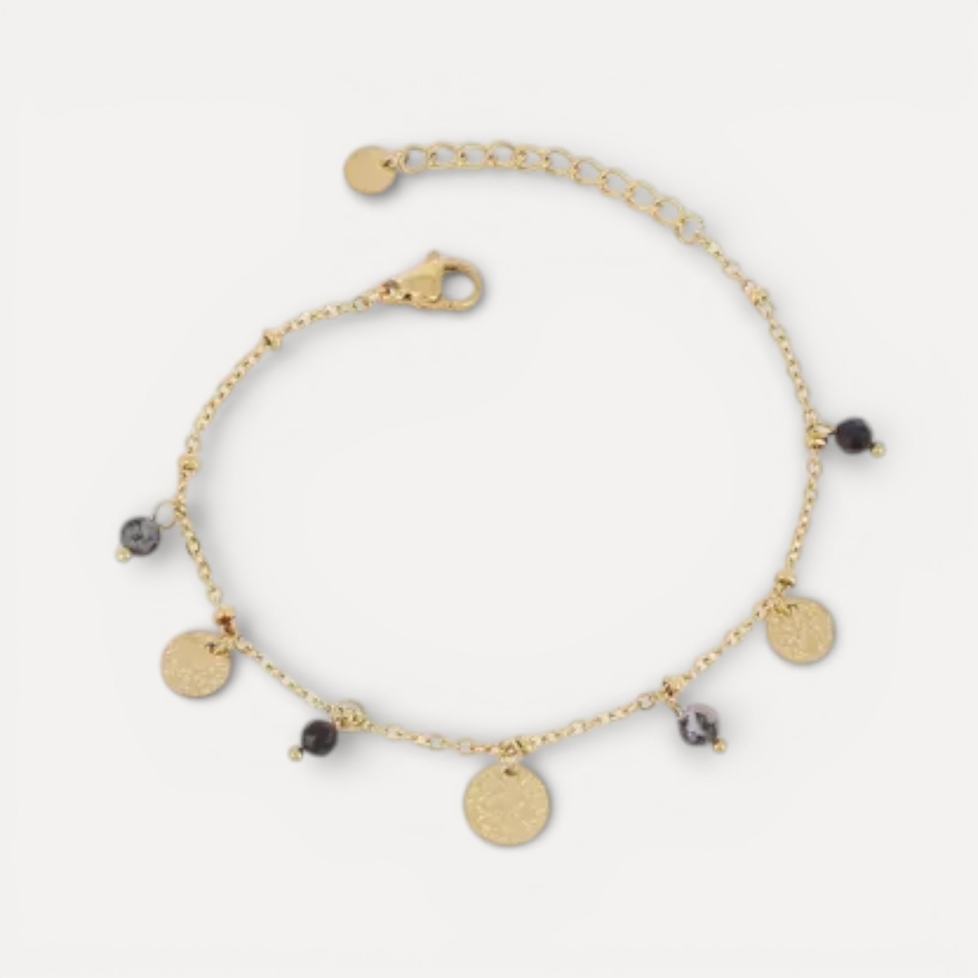 Bracelet pierres naturelles noires et pampilles dorées