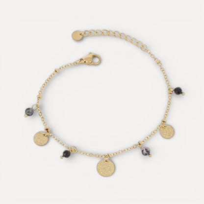 Bracelet pierres naturelles noires et pampilles dorées