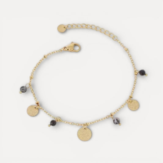 Bracelet pierres naturelles noires et pampilles dorées