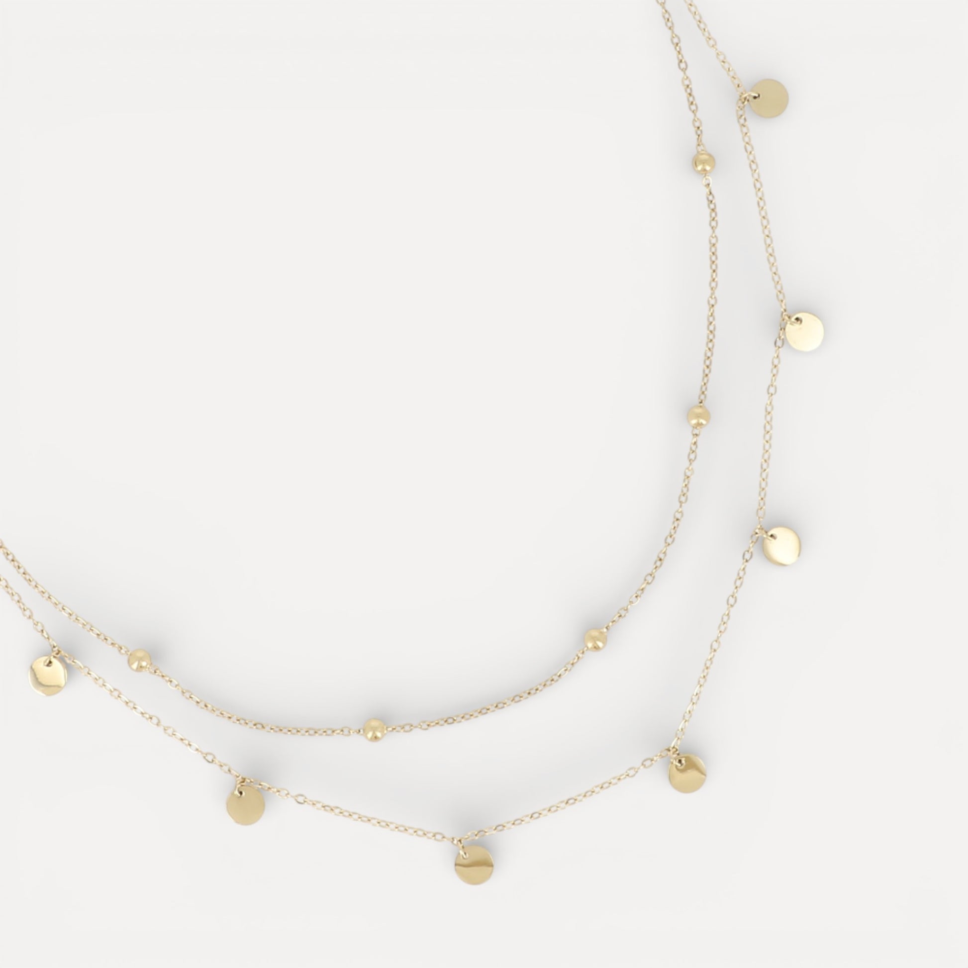 Collier 2 rangs chaînes boules et pampilles rondes plates en acier doré