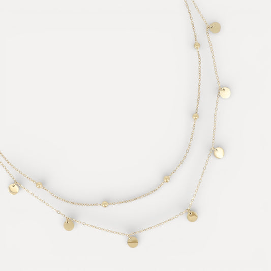 Collier 2 rangs chaînes boules et pampilles rondes plates en acier doré