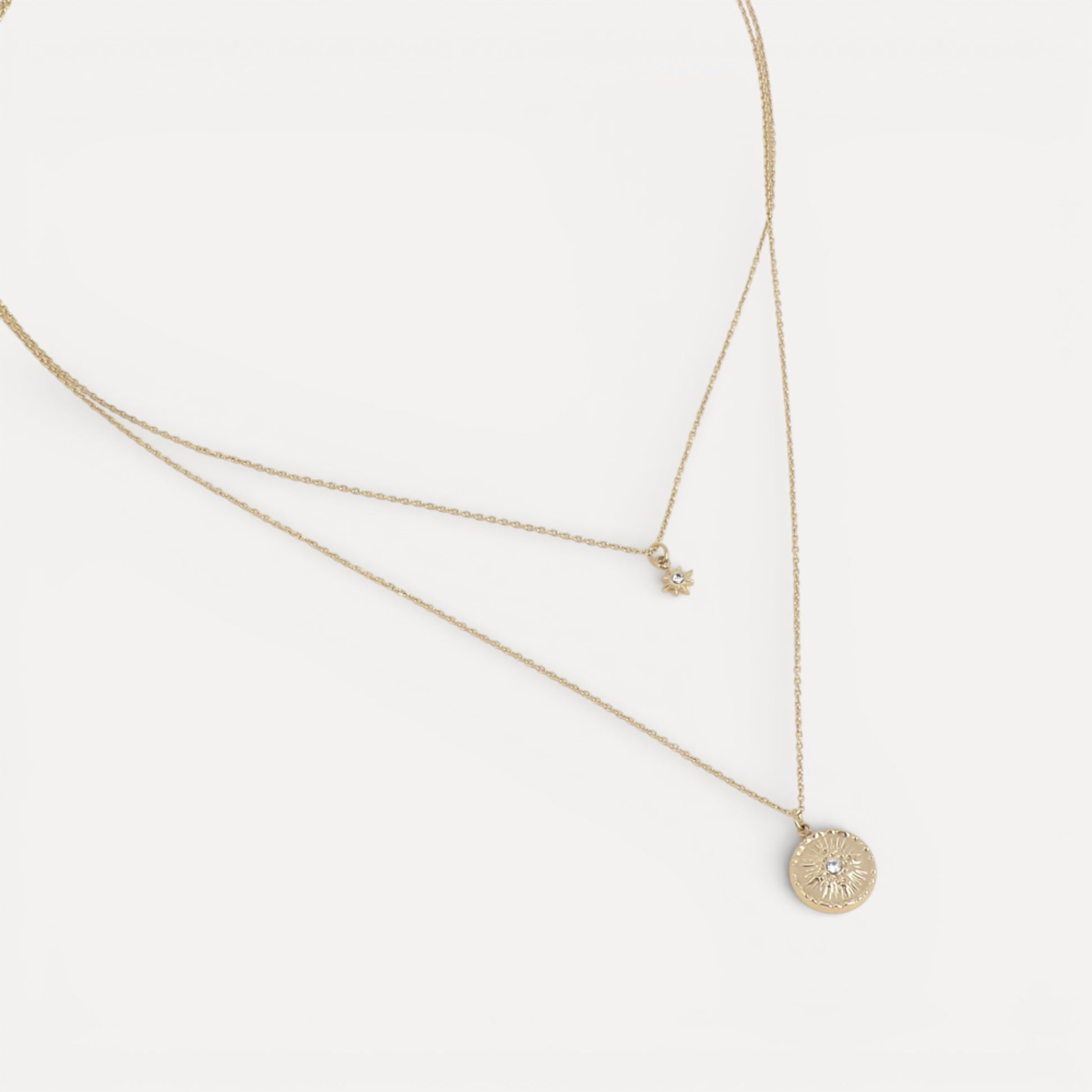 Collier 2 rangs étoile du nord et médaillon étoile martelée en acier doré