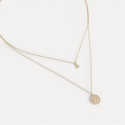 Collier 2 rangs étoile du nord et médaillon étoile martelée en acier doré