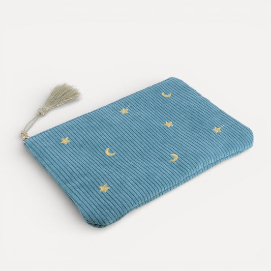 Trousse étoiles et lunes en velours côtelé avec pompon