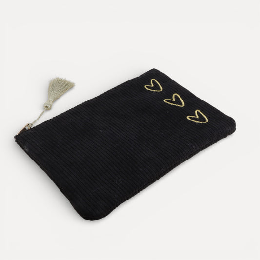 Trousse 3 cœurs en velours côtelé avec pompon