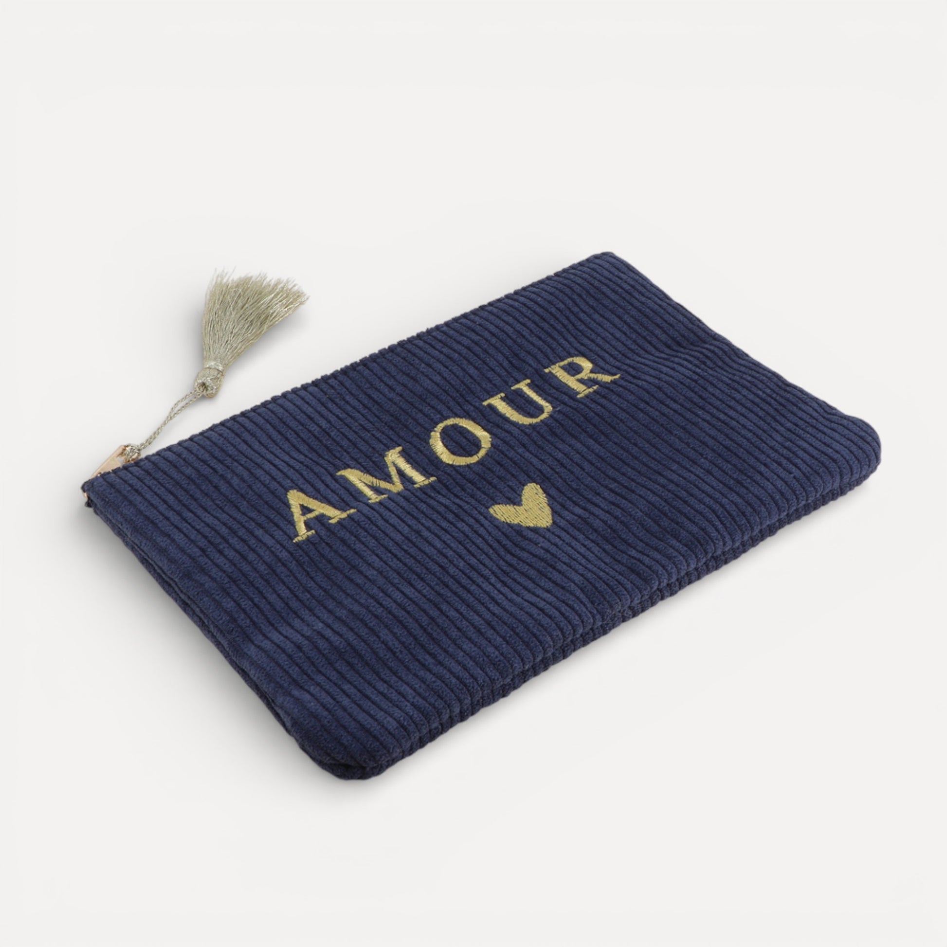 Trousse AMOUR et cœur en velours côtelé avec pompon
